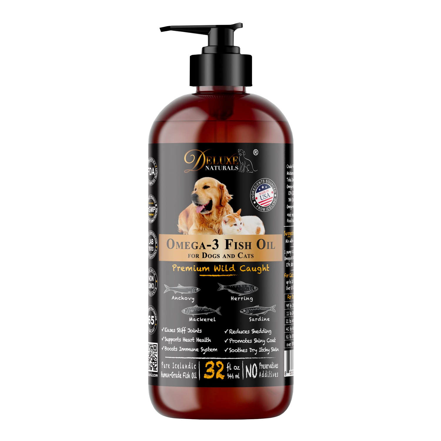 Deluxe Naturals Omega-3 Fish Oil for Dogs and Cats with All Natural Omega-3 EPA DHA Fatty Acids - 32 FL OZ
