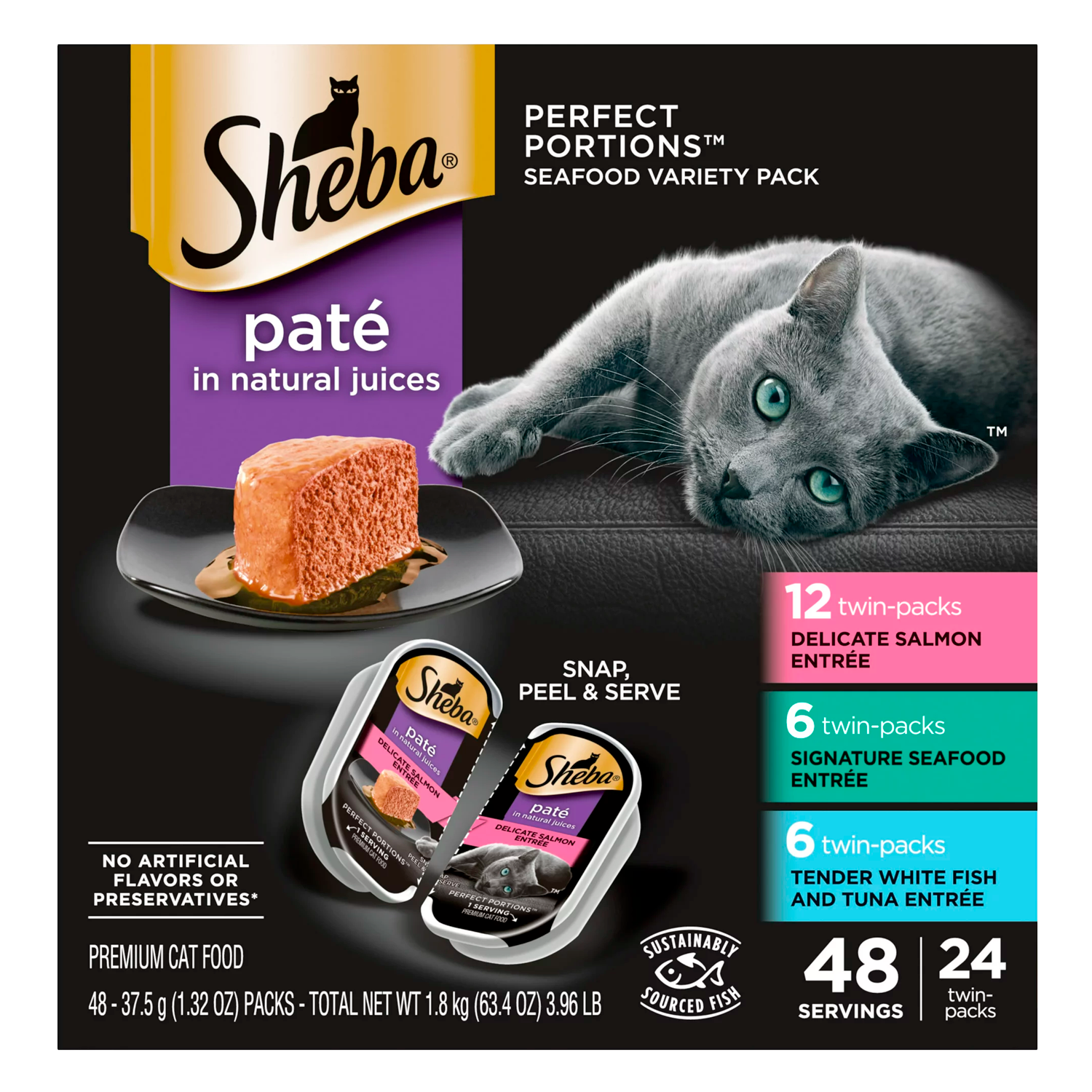 SHEBA Wet Cat Food Pate Variety Pack, Signature Seafood, Delicate Salmon and Tender Whitefish & Tuna Entrees, 2.6 oz. PERFECT PORTIONS Twin-Pack Trays