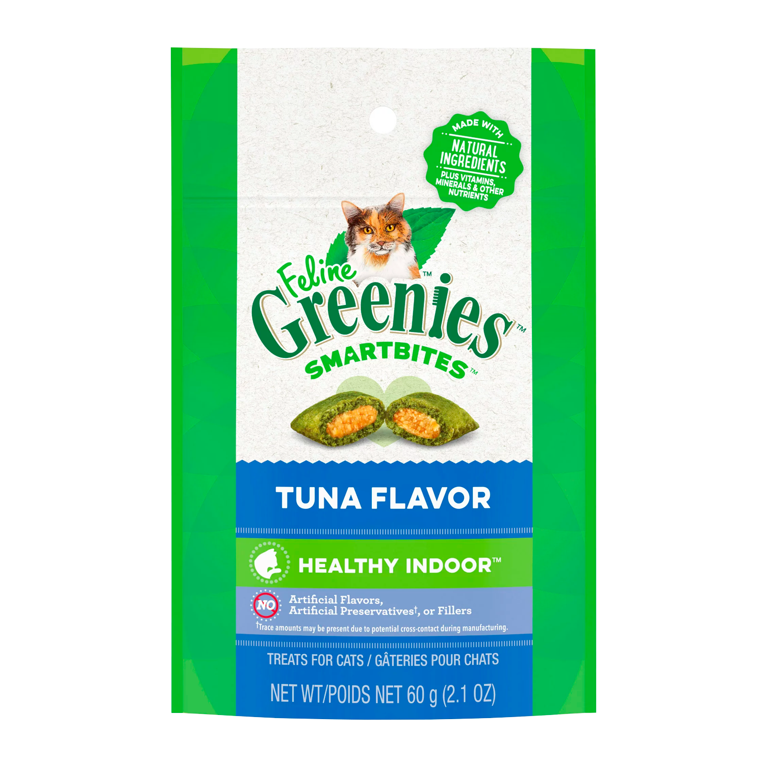 FELINE GREENIES SMARTBITES HEALTHY INDOOR Natural Treats for Cats, Tuna Flavor, 2.1 oz. Pouch